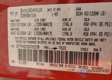 2005 Dodge Ram 3500 St из США, поврежденный, VIN 3D7MS48C65G765238